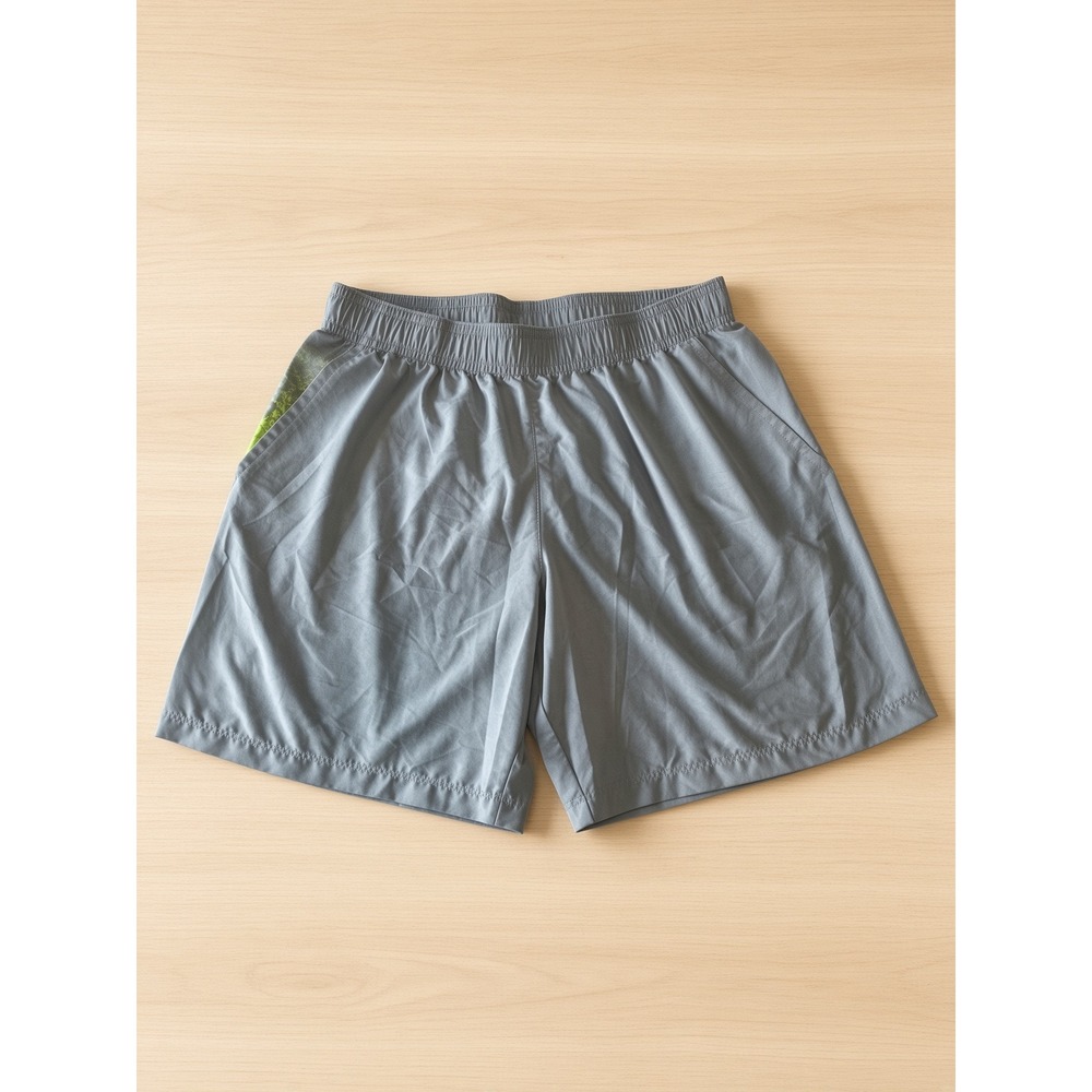 Under Armour Mens Gray Neon Yellow Logo Loose Fit Athletic Gym Shorts XL